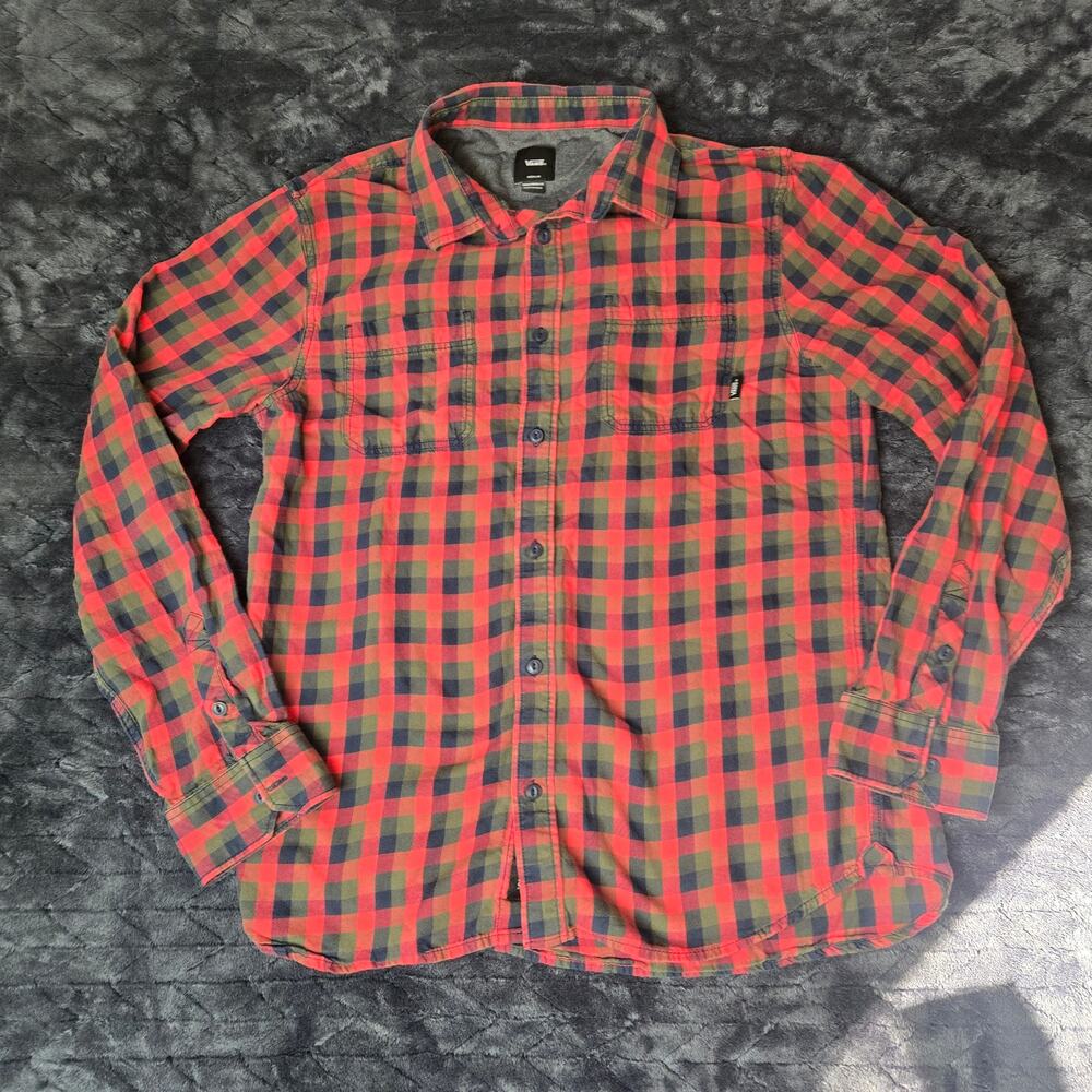 Vans Off The Wall Red Tailored Fit Mens Flannel Long Sleeve Button Down - Size M